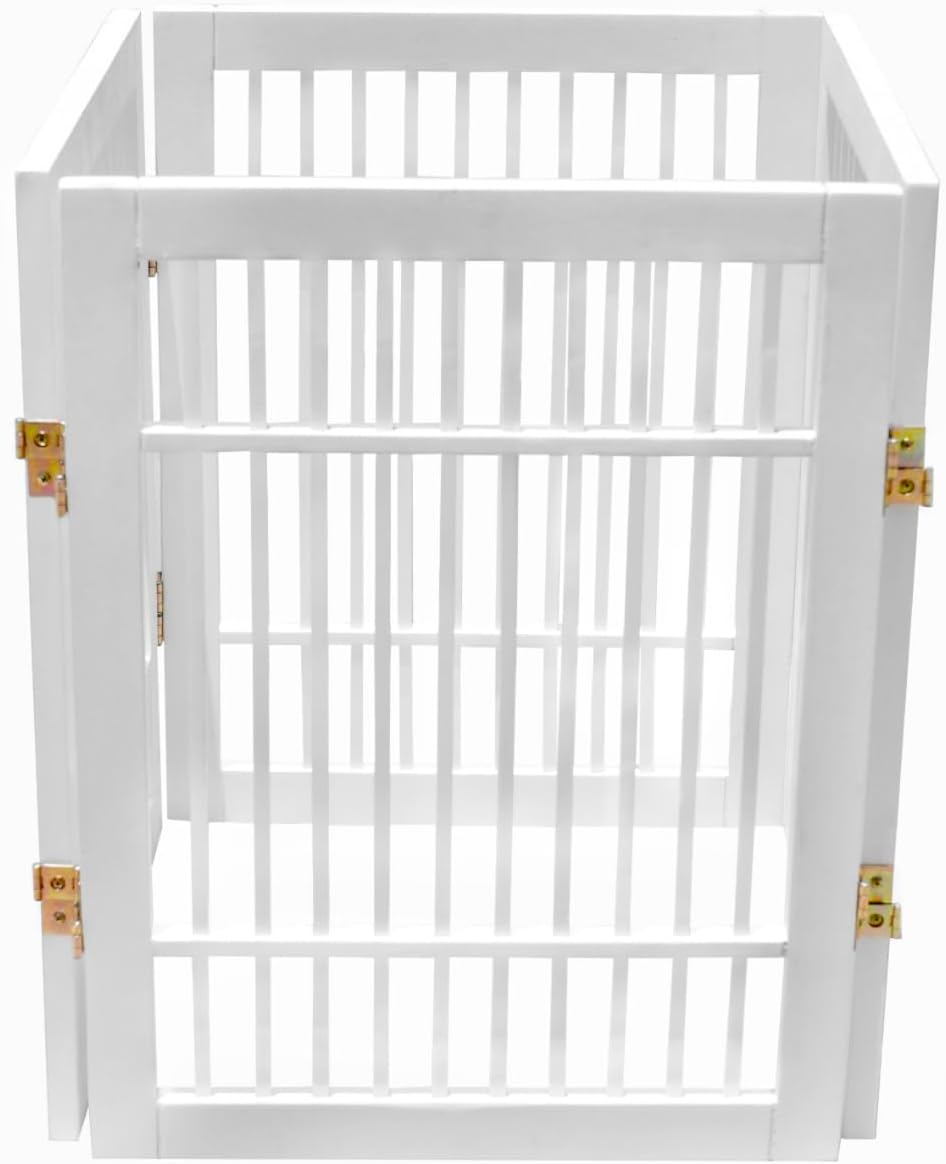 Pet Dog Gate Strong and Durable Freestanding Folding Acacia Hardwood Portable Wooden Fence Indoors or Outdoors by Urnporium (White Pet Gate, 4 Panel 24" Tall)