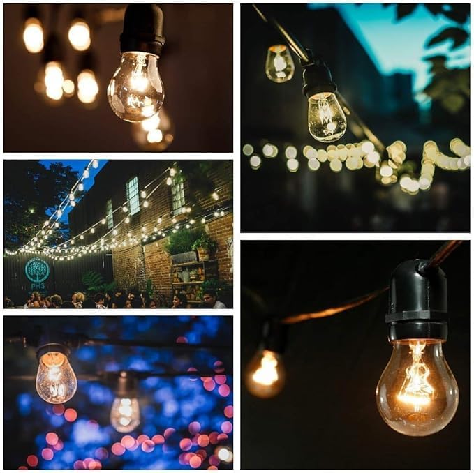 Hometown Evolution, Inc. E26 Outdoor Commercial String Lights with Suspended Socket for Weatherproof Heavy Duty Vintage Outside Lighting (S14 LED Plastic, 24 Foot 12 Socket)