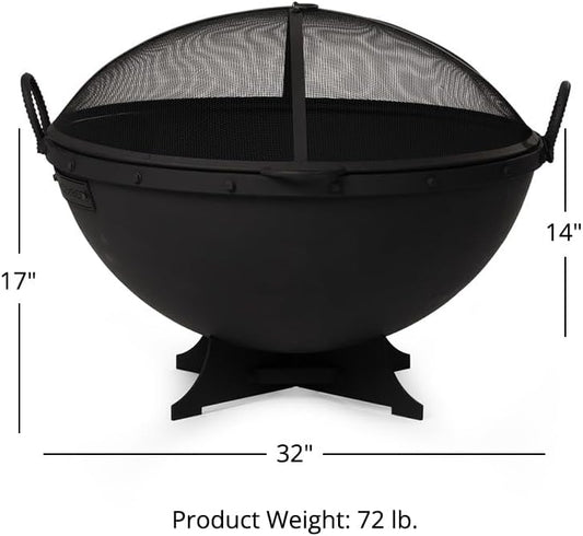 Ash & Ember 32in Hemisphere Fire Pit with Screen and Poker, Cast Iron High-Temperature Black Paint Fire Bowl, Wood Burning Backyard Fireplace, Portable Outdoor Firepit