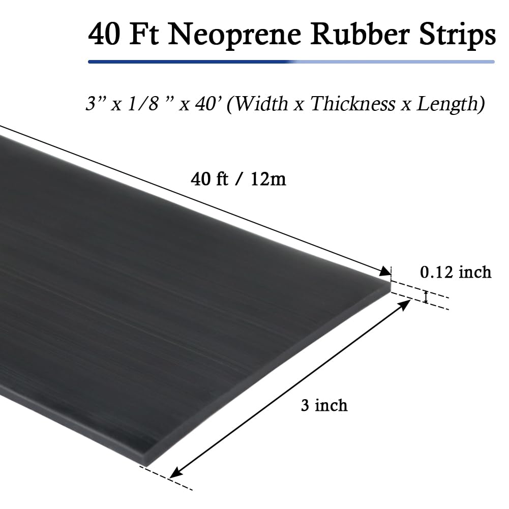Neoprene Rubber Strips Self Adhesive Solid Rubber Sheets, Rolls & Strips for DIY Gaskets Crafts Pads Seals Warehouse Flooring Neoprene Sheet with Adhesive Backing (3" Wide x 1/8" Thick x 40' Long)