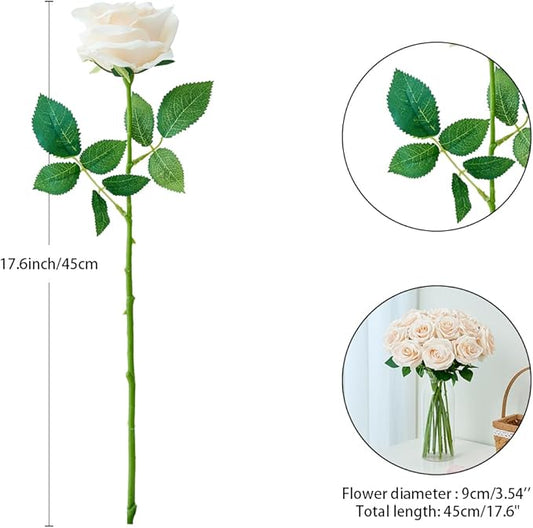 15pcs Champagne Roses Artificial Flowers Silk Fake Flowers Realistic Faux Roses Bouquet Long Stem for Wedding Home Party Birthday Decoration