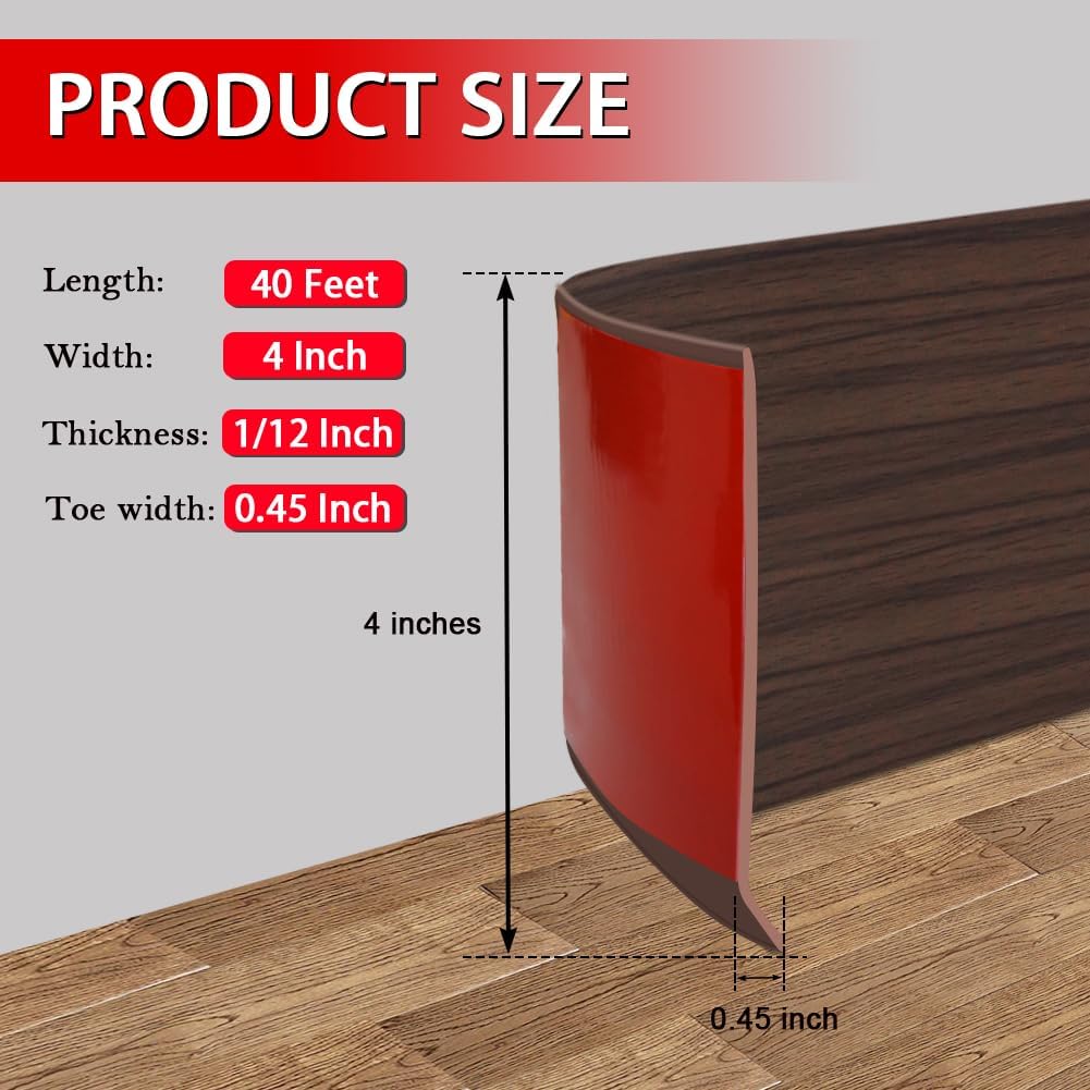 Vinyl Wall Base Baseboard Molding Trim 4" Flexible Self Adhesive Rubber Wall Base Moulding Trim Peel and Stick Design, 4 Inch x 40 Feet, Brown Wood Grain