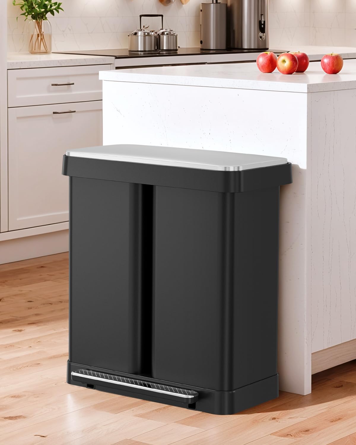 Arlopu 16 Gallon Dual Trash Can, 60L(2x30L) Stainless Steel Kitchen Garbage Can, Step-on Classified Recycle Garbage Bin with Removable Inner Buckets, for Kitchen, Living Room, Office (Black)