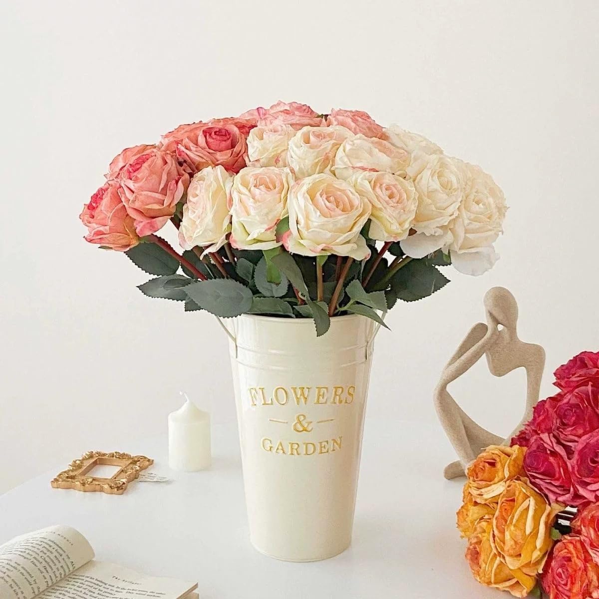 Kimura's Cabin 12pcs Pink Artificial Rose Flowers with Stems Realistic Vintage Fake Roses Bouquet for Home Table Centerpieces Wedding Party Arrangements Decoration Dried Flower (Pink