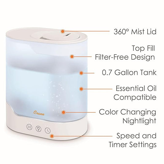 Crane 0.7 Gallon Top Fill Cool Mist Humidifier and Aroma Diffuser, with Color-Changing Night Light and Aroma Diffuser Function, Humidifier For Bedroom, Office or Nursery