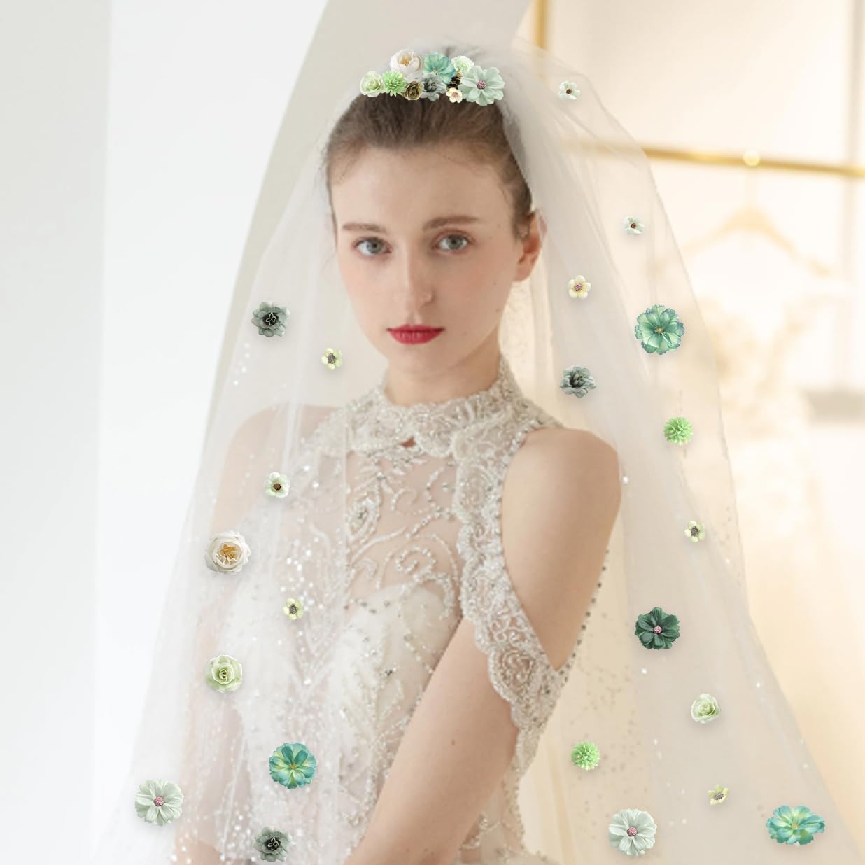 Faux Flower Heads Small Silk Artificial Flower DIY Fake Mini Flowers Rose Daisy Multicolor Flowers Craft Supplies for Wedding Party Wreath Graduation Season Party Home Decor (125, Green)