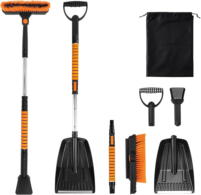 5-in-1 Ice Scrapers Snow Shovel Snow Brush Kit, 41" Ice Scrapers for Car Windshield with 180° Pivoting Brush Head & Squeegee, Extendable Aluminum Foam Grip for Cars, SUVs, Trucks - Orange