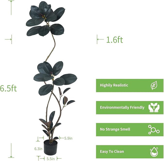 Artificial Rubber Tree Plant, 78 Inch Indoor Tree, Black with Round Planter, All Season Home Decor (Black,6.5ft)