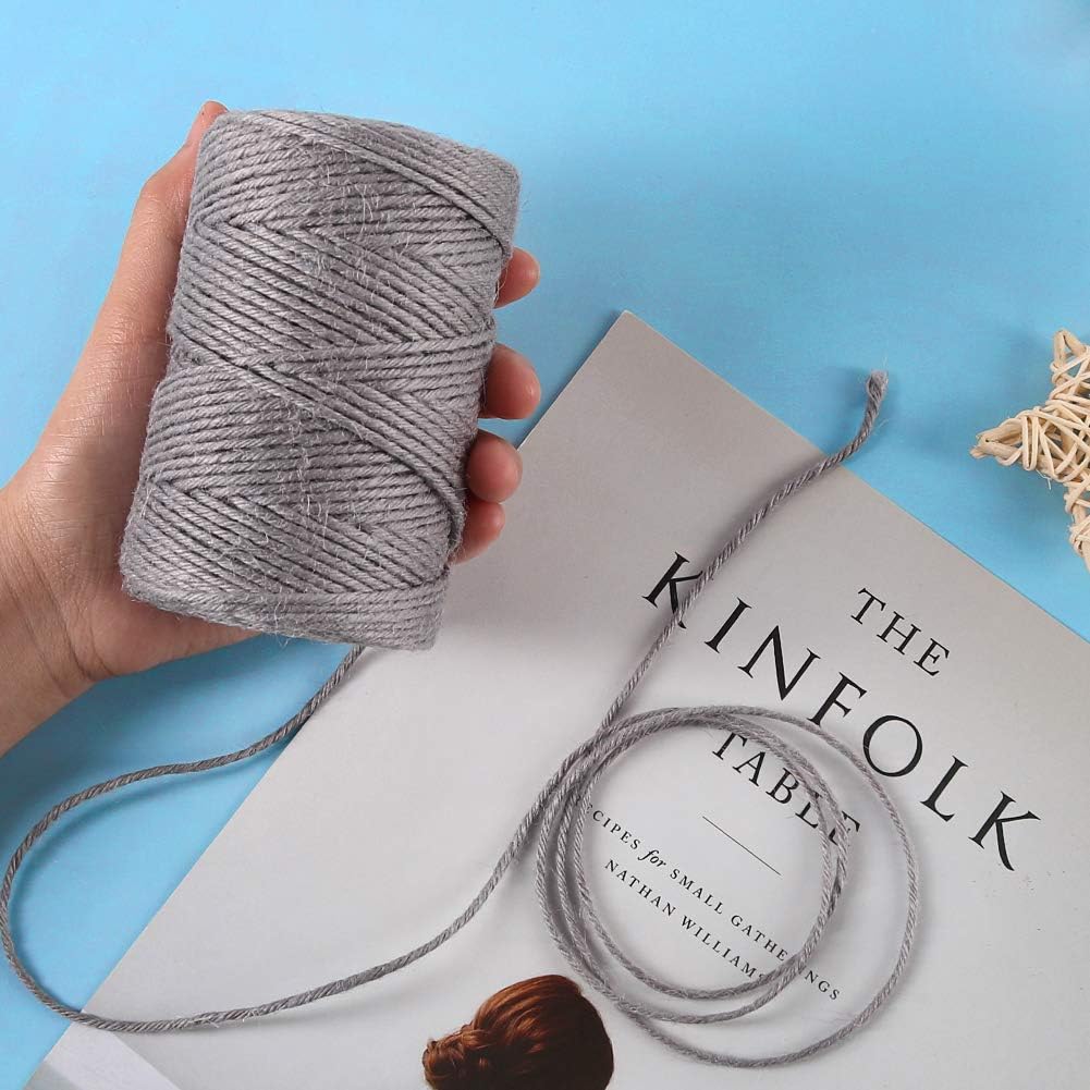 Tenn Well Grey Jute Twine, 328 Feet 3mm Thick Twine Rope for Gift Wrapping, Crafting, Packing, Gardening, DIY Projects