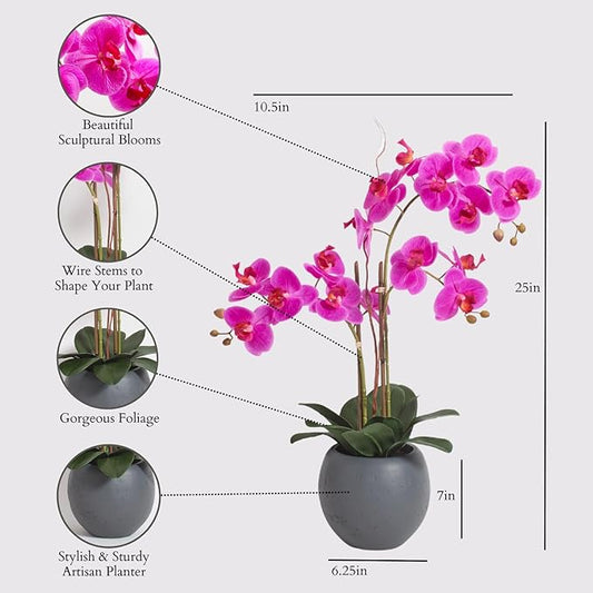 CG Hunter Faux Pink Orchid Plant, Premium Artificial Indoor Flower Display Stands 23-Inches with Beautiful Sculptural Blooms and Foliage That Lasts Forever, Grey Planter Pot Included