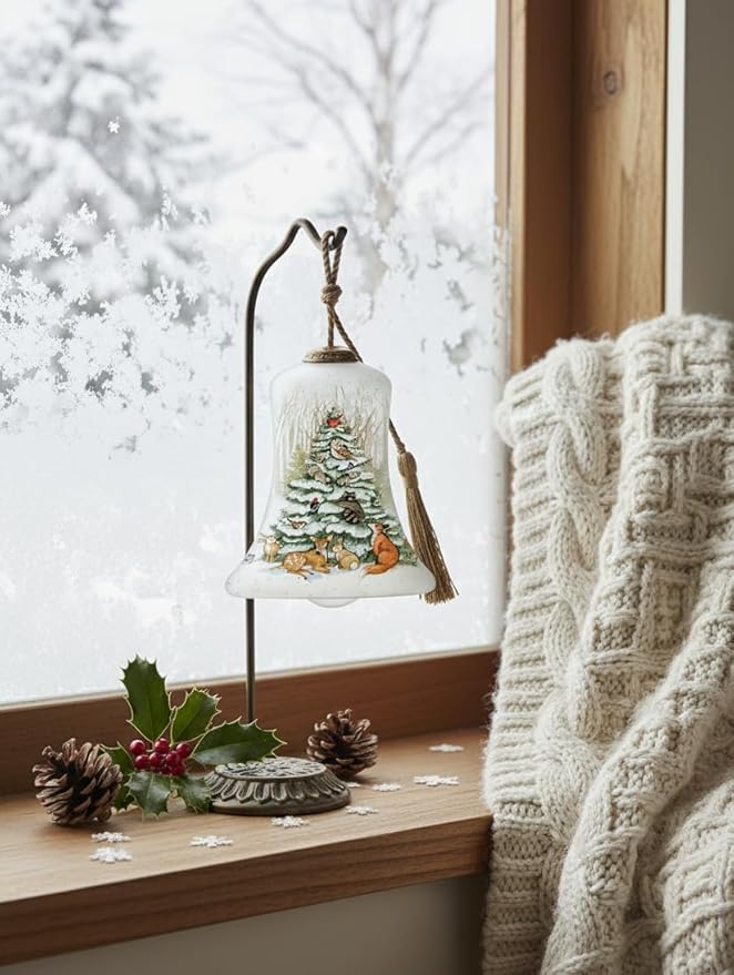 Hand-Painted Woodland Animal Christmas Bell Ornament – Reverse Painted Glass with Deer, Fox, Owl, Rabbits & Cardinal – Collectible Holiday Ornament with Gift Box