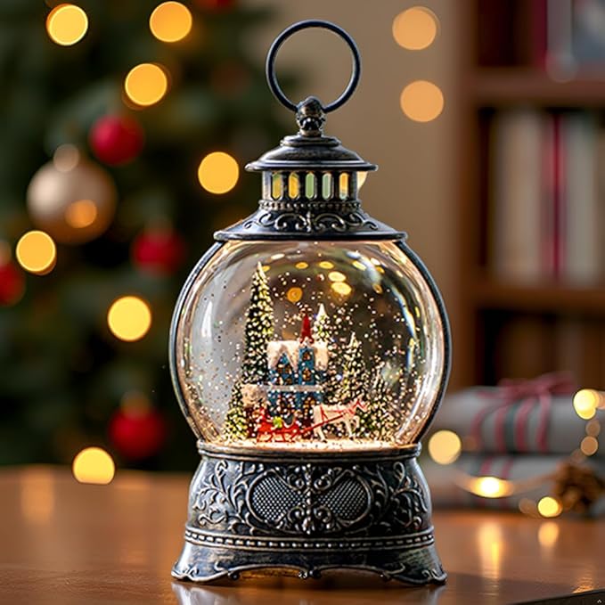 Christmas Snow Globes Christmas Water Lantern with Carriage Blue Church, Music & 6H Timer, USB Lined/Battery Operated Lighted Lanterns for Xmas Festival Decoration Gifts