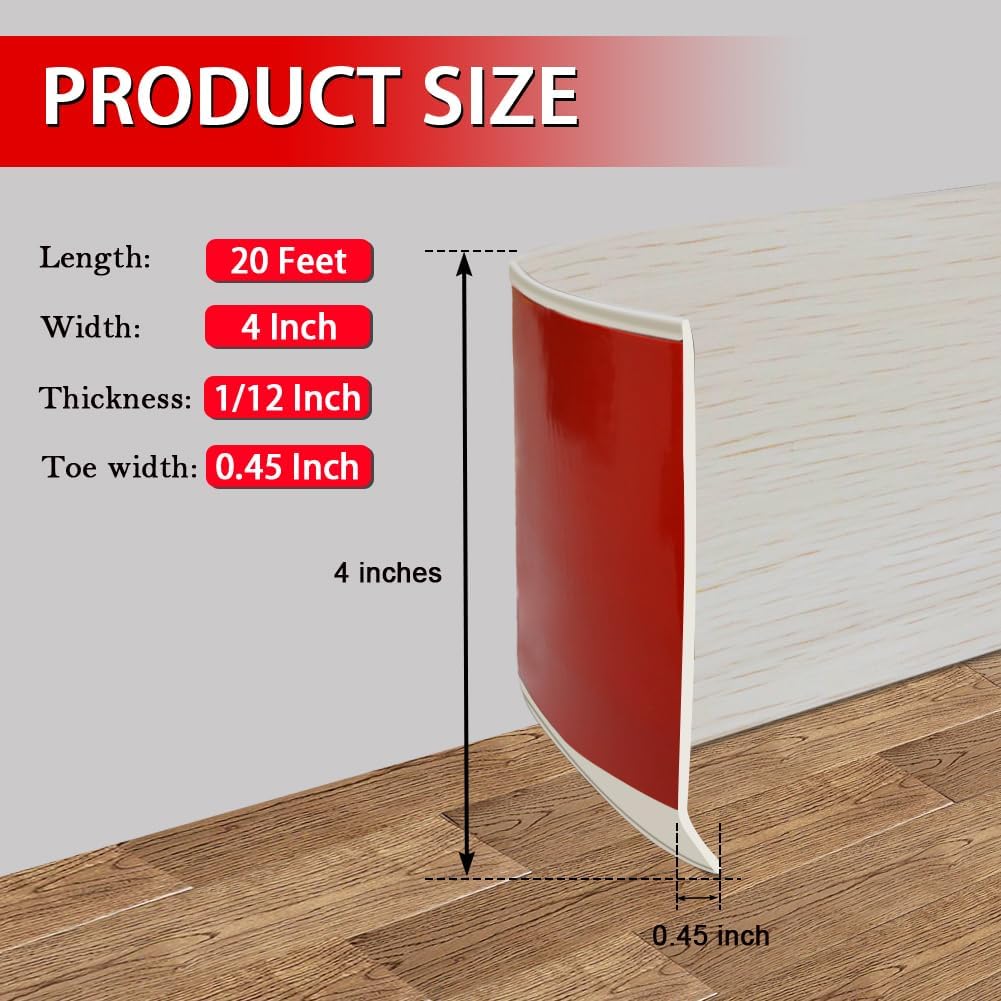 Vinyl Wall Base Baseboard Molding Trim 4" Flexible Self Adhesive Rubber Wall Base Moulding Trim Peel and Stick Design, 4 Inch x 20 Feet, Beige Wood Grain