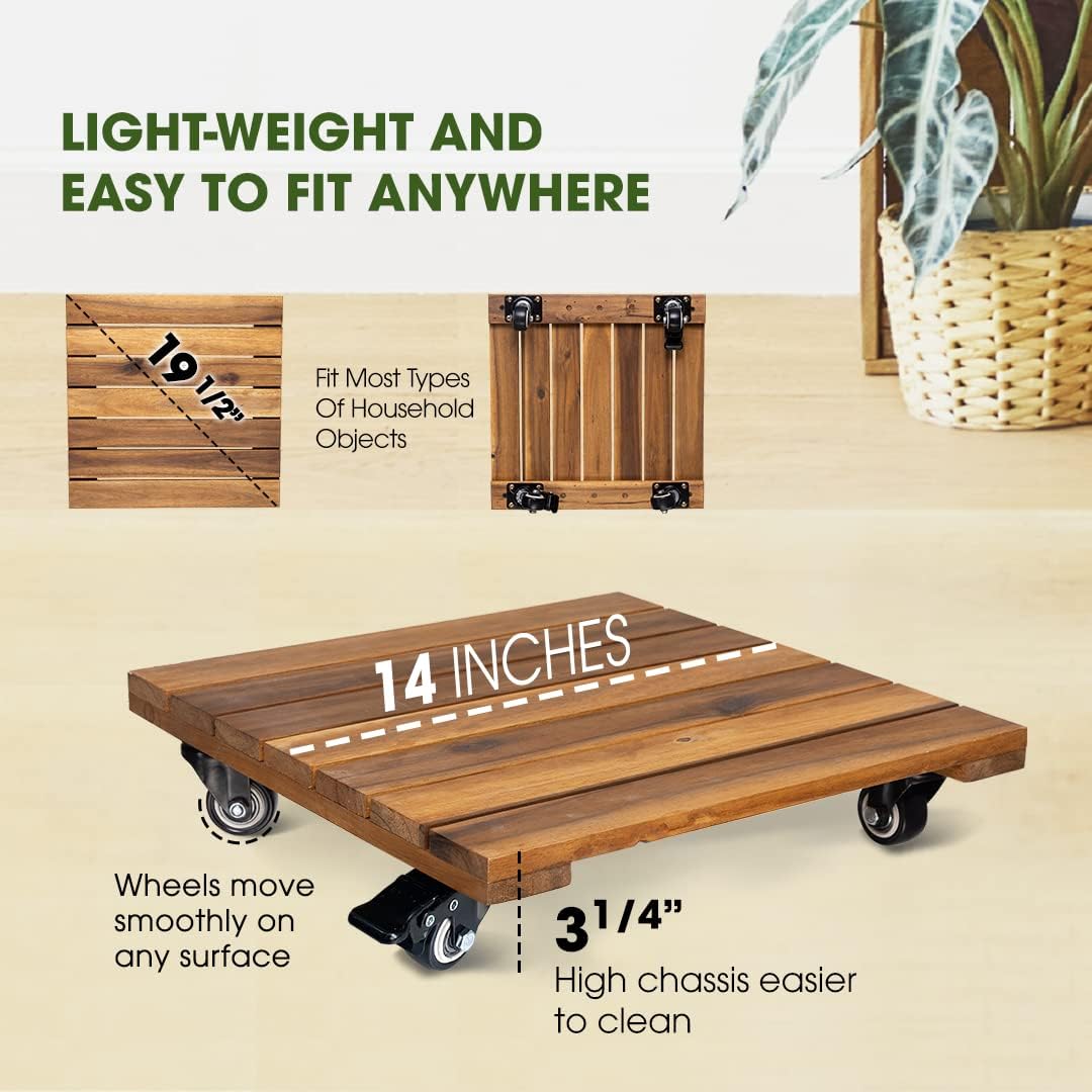 Idzo 2-Pack 14 Inch Wood Plant Caddy with Wheels Heavy Duty, 264 lbs Acacia Hardwood Plant Caster Dolly Rolling Stand with 360° Lockable Wheels for Heavy Plant Pots and Outdoor Use