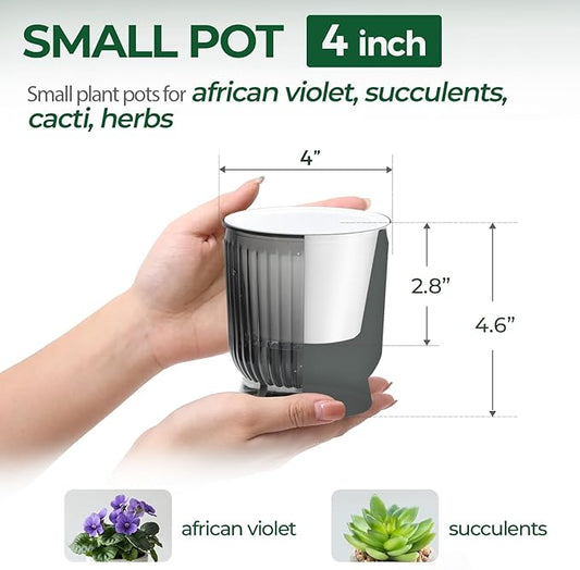 T4U 4 Inch Self Watering Plant Pot, 4 Pack Self Watering Pots, Small Self Watering Planter with Reservoir for Indoor Plants, African Violets (4 Pack 4" Pots, Translucent Gray)