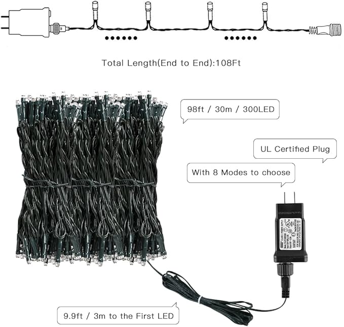 AmyHomie Color Changing Halloween Lights, 108Ft 300LED Warm White&Multicolor Christmas String Lights, 8 Modes Waterproof Fairy String Lights for Outdoor & Indoor Tree Home Patio Garden Decor