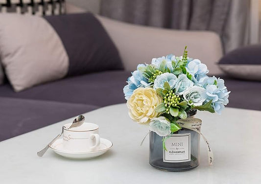 Artificial Flowers with Vase, Hydrangea Hand Bouquet and vase, Ins Style Artificial Flower Set, Suitable for Living Room, Dining Table, Office, Wedding, Hotel Banquet Home Decoration. (Blue)
