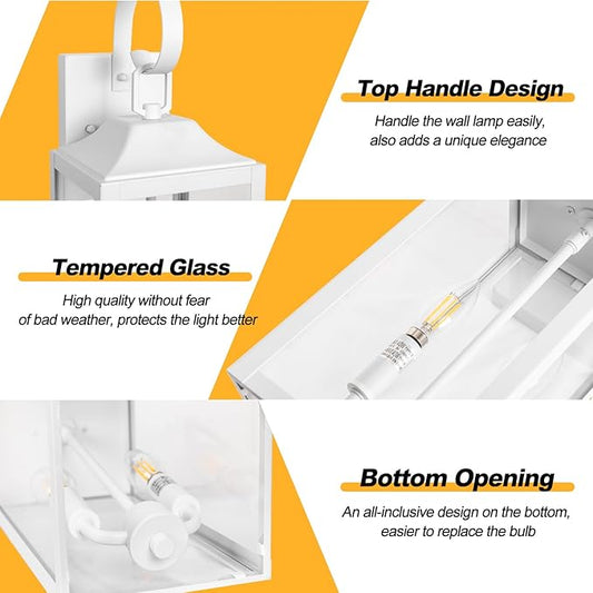 19" White Outdoor Wall Lantern 2-Light, Large Modern Wall Sconce Light Fixture, Industrial Porch Light with Glass, Waterproof Farmhouse Exterior Lamp