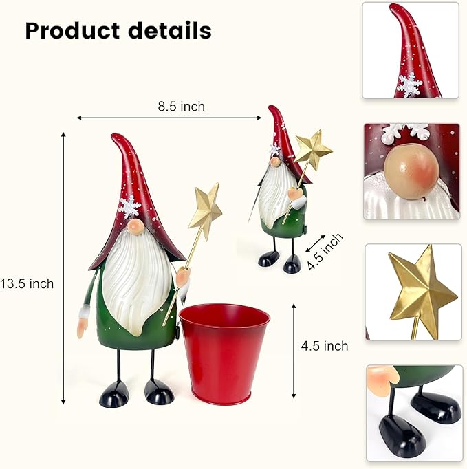 HONGLAND Christmas Decorations Outdoor Metal Gnome Yard Art Garden Gnomes Statue 13 Inch Santa Figurine for Holiday Christmas Lawn Patio Yard Garden Decor