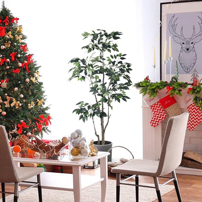 5Ft Artificial Ficus Tree with Realistic Leaves, Livelike Faux Silk Indoor Outdoor Plant for Home Office Decor Living Room, Porch, Garden Decor
