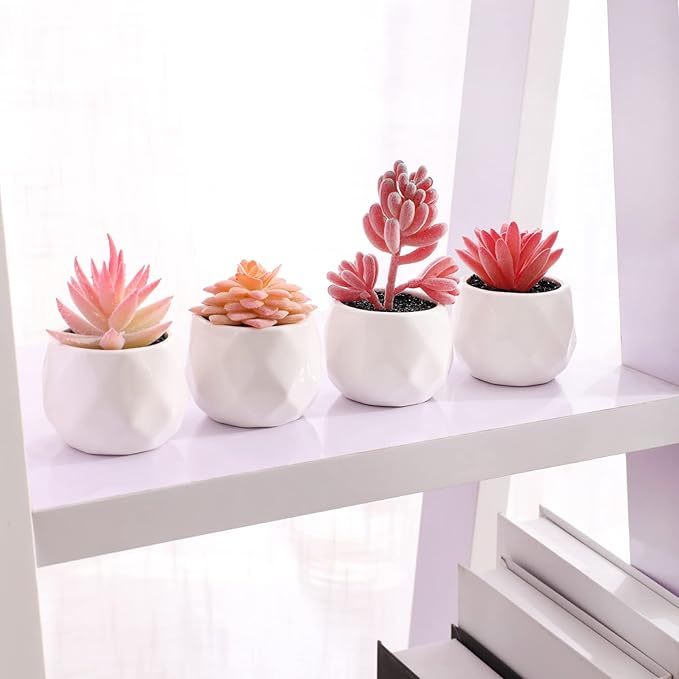 Tiita Artificial Faux Succulents in Pots, Pink Fake Plants Ceramic Arrangement Planter for Women Desk Small Mini Tiny Decoration for Home Office Desk Window 4 Set, Pink