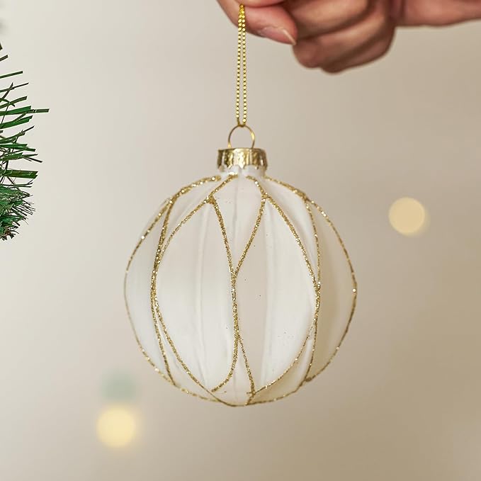 WDS WONDROUS Christmas Ball Ornaments, Vintage Ball & Teardrop Xmas Tree Ornament Set, Hanging Assorted Glass Balls for Holiday Home Party Decor (9Pcs, White & Gold Line)