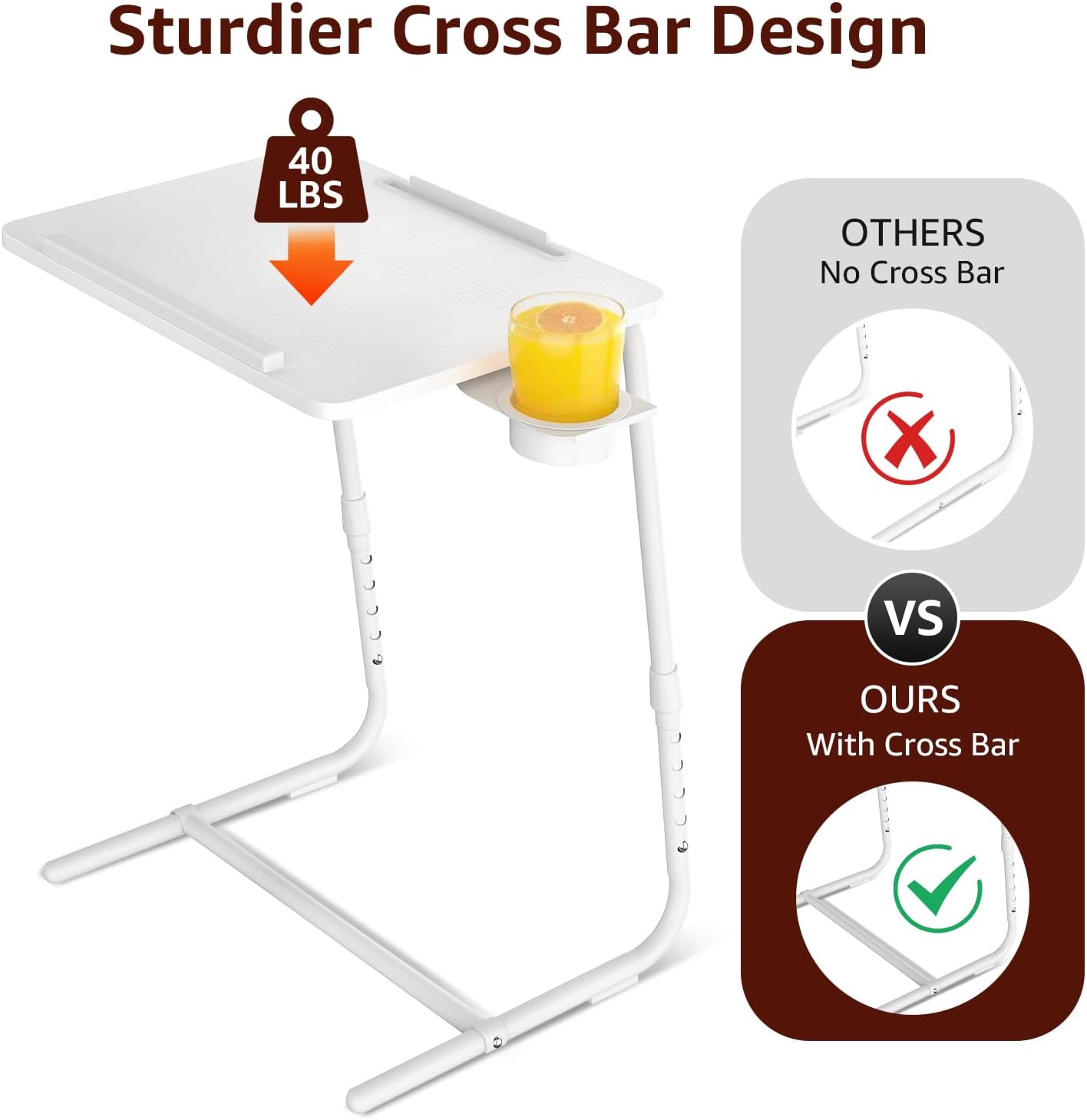 TV Trays Set of 2 - Folding TV Tray Adjustable Dinner Trays for Eating On Couch Wooden Tables Mate Stand Foldable White Desk with Cup Holder Portable