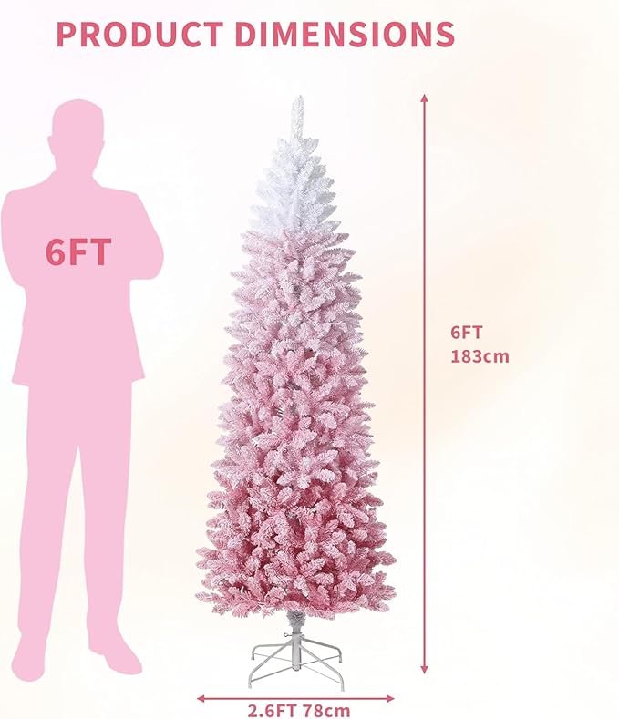 GarveeHome 6ft Pink Christmas Tree, Prelit Artificial Christmas Tree with Foldable Base, Snow Flocked Pencil Christmas Tree for Holiday Decoration