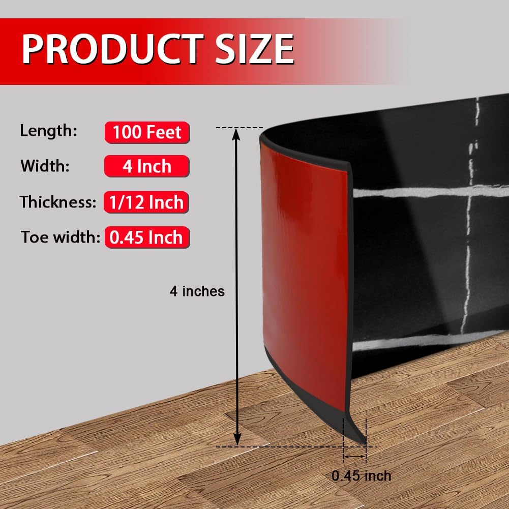 Vinyl Wall Base Baseboard Molding Trim 4" Flexible Self Adhesive Rubber Wall Base Moulding Trim Peel and Stick Design, 4 Inch x 100 Feet, Black Stone Grain