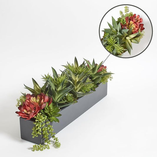 CG Hunter Oblong Faux Succulent Arrangement, Premium Artificial Indoor Plant Enhances Interior Design, Display on any Surface in Your Home Adding an Inviting Touch of Nature, Grey Planter Pot Included