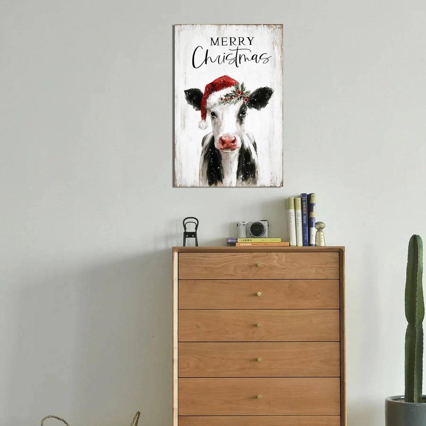 Christmas Cow Canvas Wall Art – Framed Farmhouse Decor for Xmas, Ready to Hang Print Holiday Gifts for Bedroom & Living Room Indoor 24x35 Inch