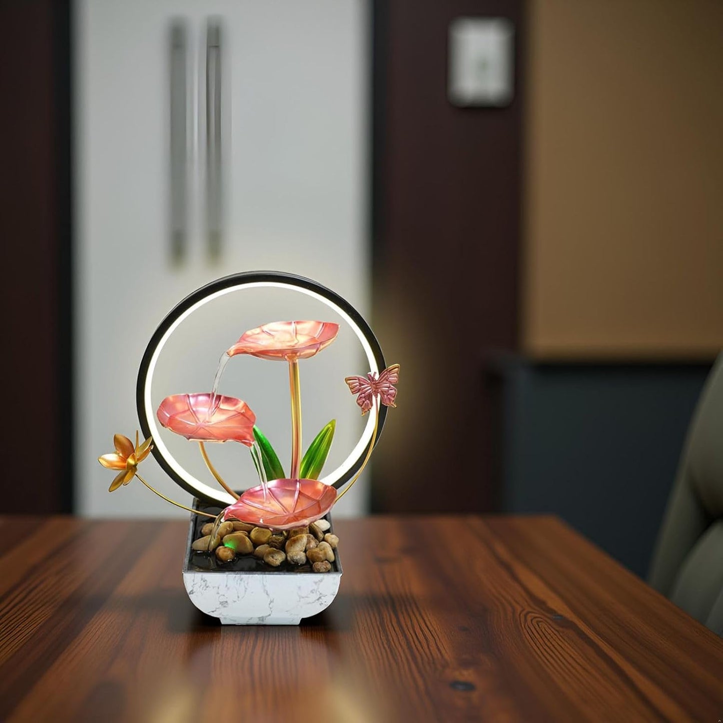 Pink Indoor Table Top Indoor Relaxation Water Fountain, Waterfall, Small Fountains with LED Lights Zen Meditation Fountains.