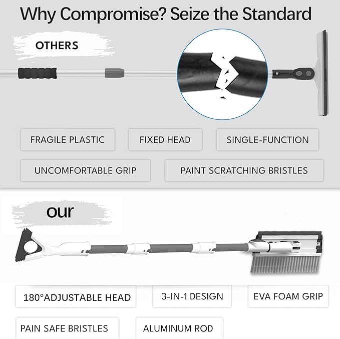 61.5" Ice Scrapers for Car Windshield, 2 in 1 Snow Brush for Car and Ice Scraper, Extendable Snow Brush for Car Windshield with Foam Grip and 180° Pivoting Brush Head for Car Automobile Vehicle Window