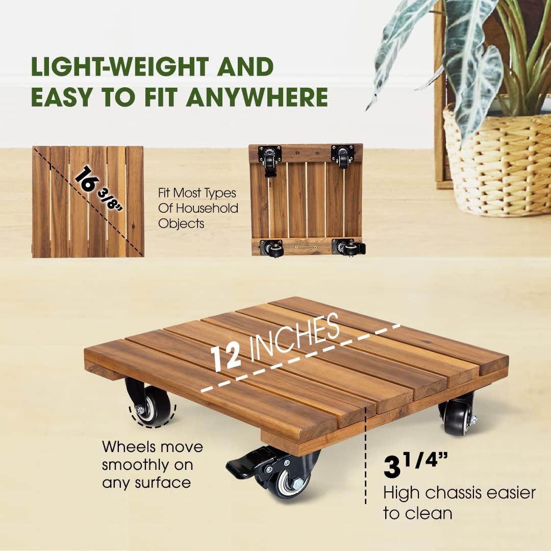 Idzo 2-Pack 12 Inch Acacia Wood Rolling Square Plant Caddy for Plant Pots, Heavy Duty Plant Stand with 360° Lockable Wheels, 264 lbs Capacity Caddy for Indoor and Outdoor Use, Natural Wood