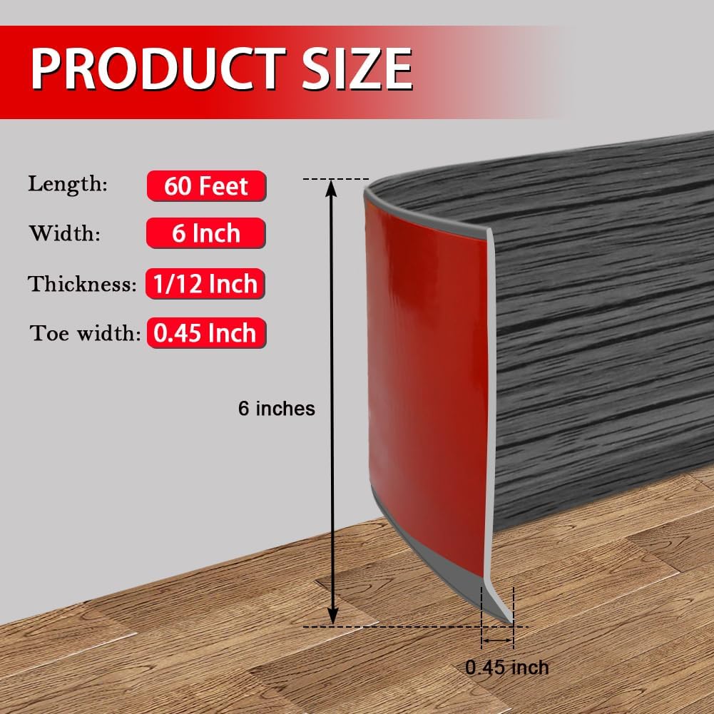 Vinyl Wall Base Baseboard Molding Trim 6" Flexible Self Adhesive Rubber Wall Base Moulding Trim Peel and Stick Design, 6 Inch x 60 Feet, Dark Gray Wood