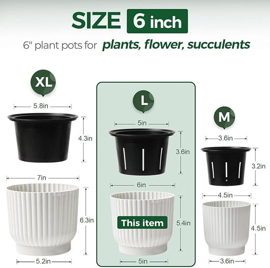 T4U 6 Inch Self Watering Pots for Indoor Plants, 6 Pack Plant Pots, Self Watering Planter for Indoor Plants, Durable Plastic Pots, Flower, Succulents (6 Pack, 6", White)