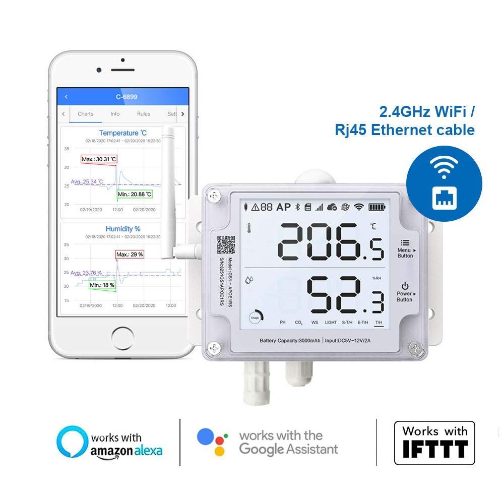 Ubibot Thermometer Hygrometer, Wireless Temperature Data Logger, Remote Humidity Monitor for Refrigerated truck Free App Email Alarm, IFTTT 2.4GHz only (GS1-AETH1RS + CO2 probe)