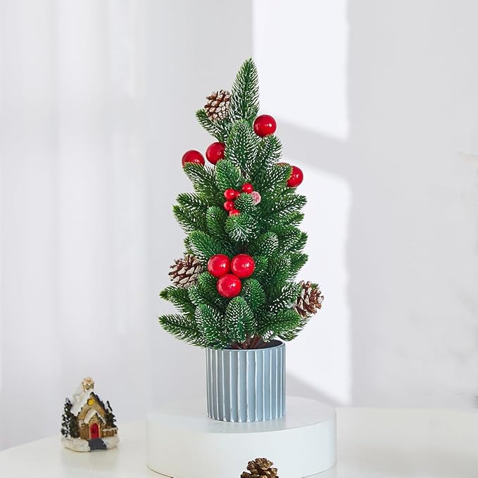 Classic Small Christmas Tree Table Decor - Mini Tabletop Artificial Tree Indoor Christmas Holiday Centerpiece for Desktop Home Office Bedroom Decor Gift(Red Pine)