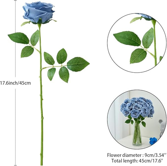 15pcs Dusty Blue Roses Artificial Flowers Silk Fake Flowers Realistic Dusty Blue Roses Bouquet Long Stem for Wedding Home Party Birthday Decoration