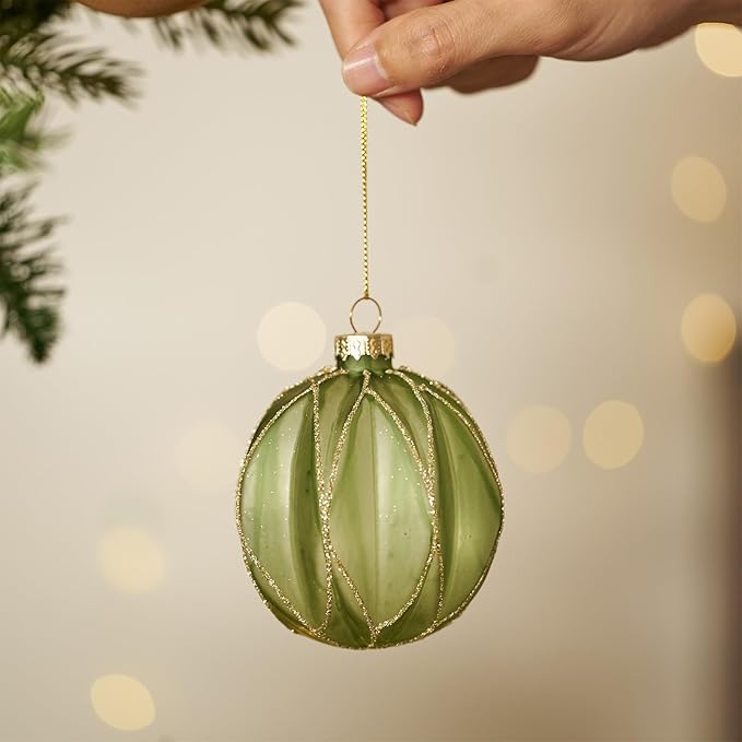 WDS WONDROUS Christmas Ball Ornaments, Vintage Ball & Teardrop Xmas Tree Ornament Set, Hanging Assorted Glass Balls for Holiday Home Party Decor (9Pcs, Sage Green & Gold Line)