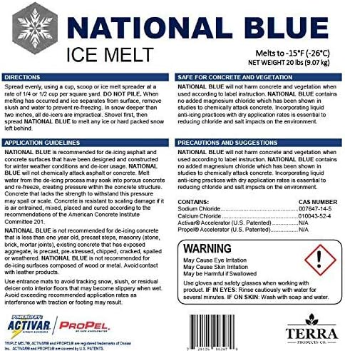 National Blue Snow Salt Ice Melt 20lb Bucket - Fast Acting Ice Melter - Pet, Plant and Concrete Friendly, Environmentally Safe - Free of Magnesium Chloride - Melts to -15°F