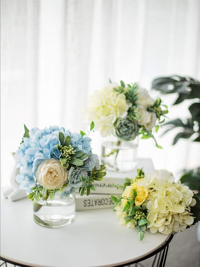 Artificial Flowers with Vase, Hydrangea Hand Bouquet and vase, Ins Style Artificial Flower Set, Suitable for Living Room, Dining Table, Office, Wedding, Hotel Banquet Home Decoration. (Blue)