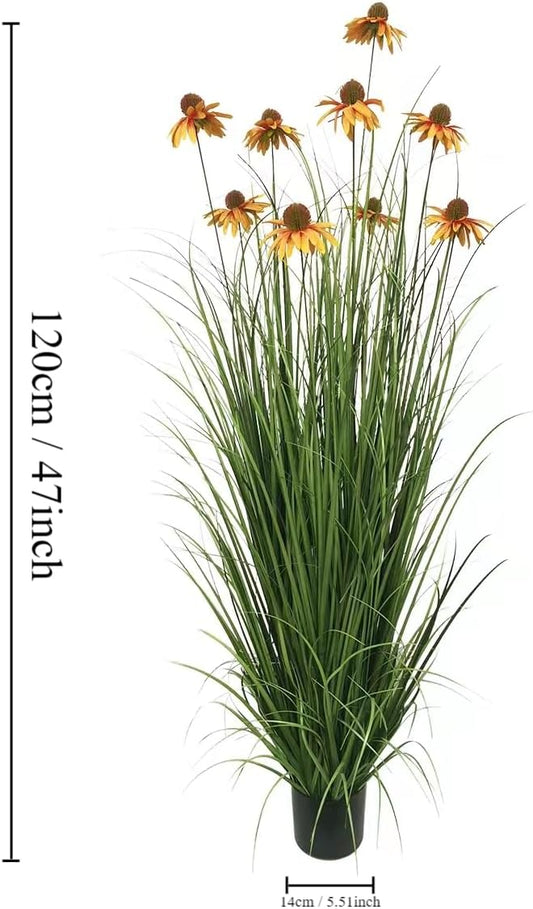 46-Inch Artificial Grass Plant with 9 Lifelike Echinacea Flower - Ideal for Indoor or Outdoor Decoration, Housewarming Gifts, and New Home Décor (1 Pack-Yellow)