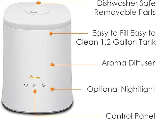 Crane Top Fill Ultrasonic Cool Mist Humidifier for Bedroom and Large Rooms, 1.2 Gallon Essential Oil Diffuser with Nightlight and Auto Shut-Off