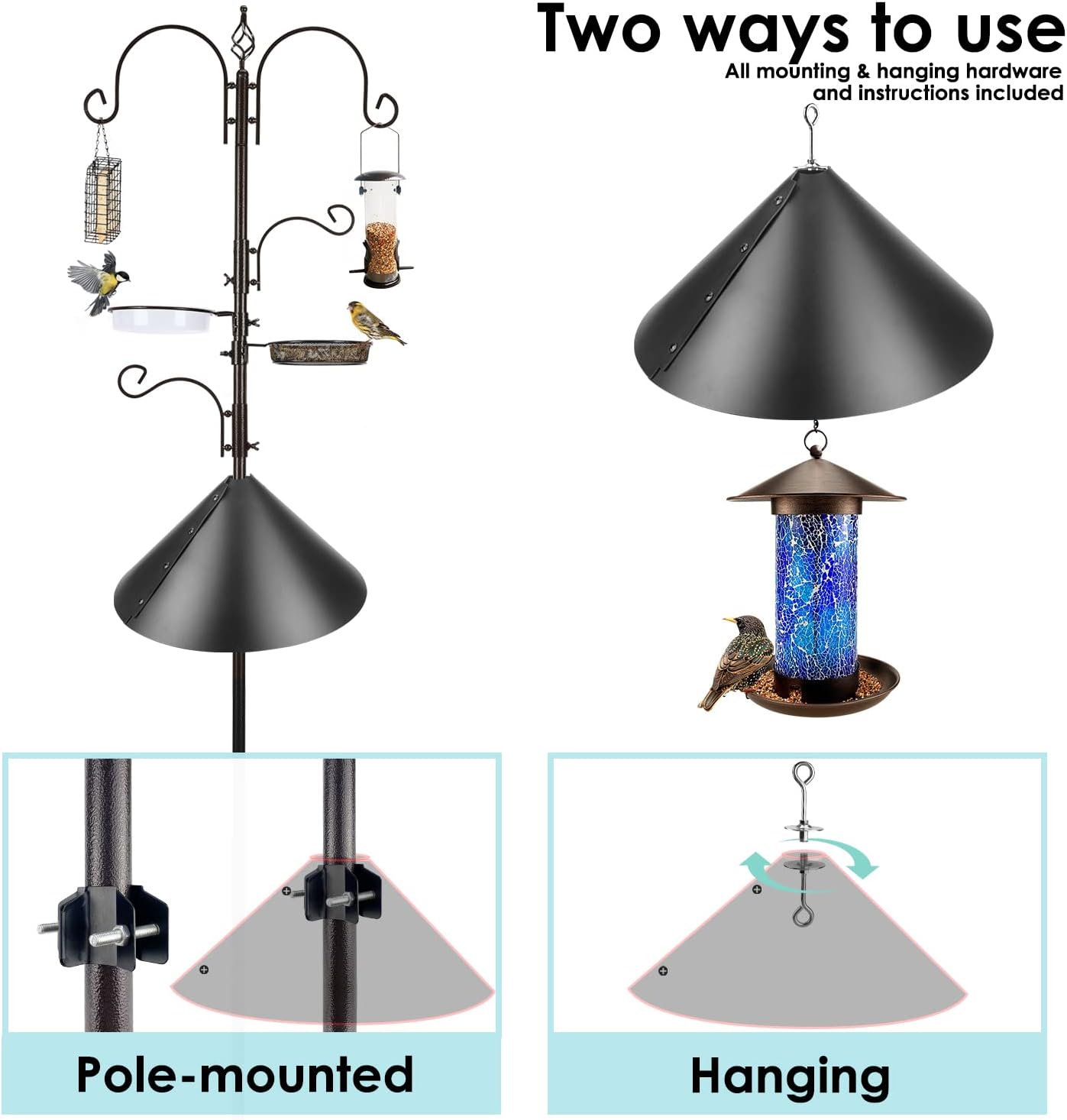 Deluxe Bird Feeding Station Kit - Wild Bird Feeder Hanging Pole With Multi Feeder, Suet Cage, Planter Hanger, and Squirrel Guard Baffle for Attracting Birds