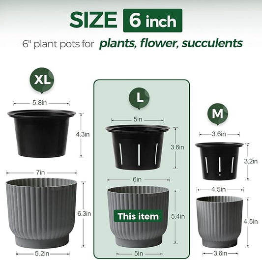 T4U 6 Inch Self Watering Pots for Indoor Plants, 6 Pack Plant Pots, Self Watering Planter for Indoor Plants, Durable Plastic Pots, Flower, Succulents (6 Pack, 6", Gray)