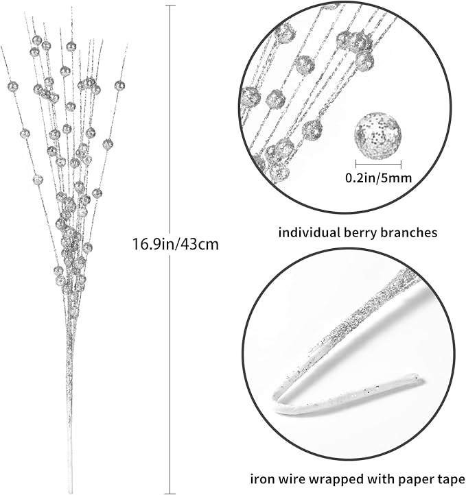 Christmas Artificial Glitter Berry Stem Decorations Decorative Bead Sticks Xmas Picks Glittery Twigs Branches for Christmas Tree Wreath Gift Vase Home Decor Party Ornaments Silver 24 PCS