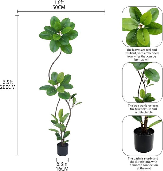 Artificial Rubber Tree Plant, 78 Inch Indoor Tree, Black with Round Planter, All Season Home Decor (Green,6.5ft)