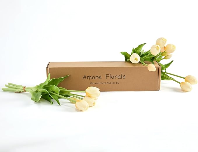 15 pcs Cream Tulips Artificial Flowers Faux Tulips Real Touch Latex Fake Flower Bouquet for Spring Wedding Home Décor Centerpiece Arrangements