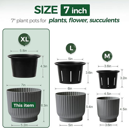 T4U 7 Inch Self Watering Pots for Indoor Plants, 4 Pack Plant Pots, Self Watering Planter for Indoor Plants, Durable Plastic Pots (4 Pack, 7", Gray)